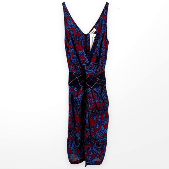 LAGENCE Red Blue Paisley Surplice Sleeveless Midi Dress - Picture 3 of 12